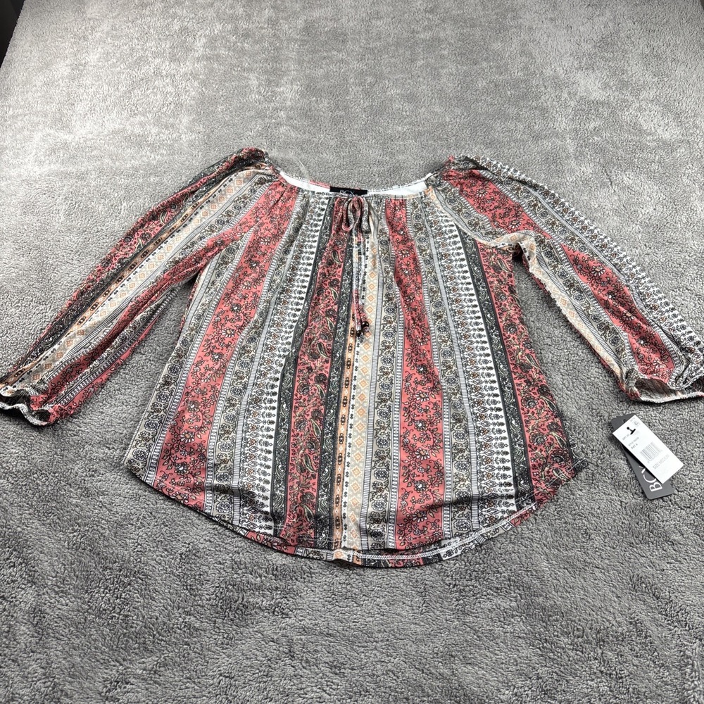 BCX Juniors' Printed Cold-Shoulder Top Size Medium Pink Gray Tan